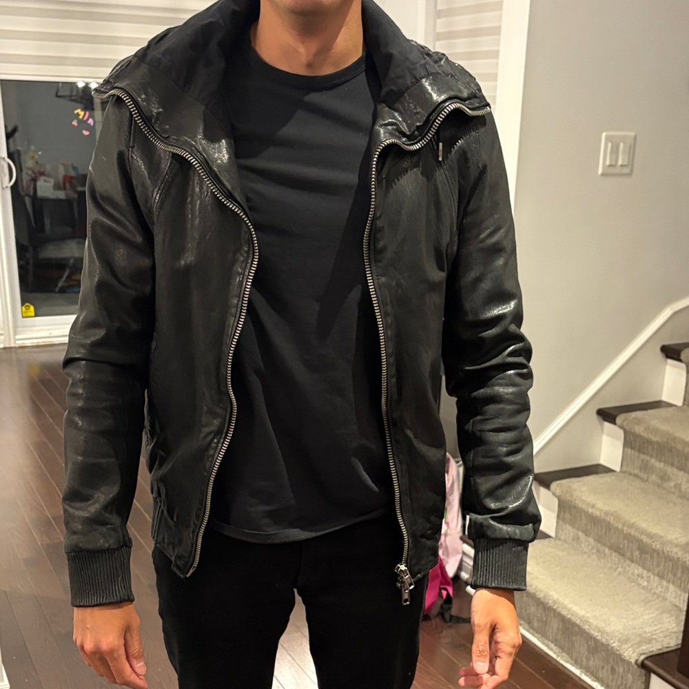 All Saints Black Leather Bomber Jacket